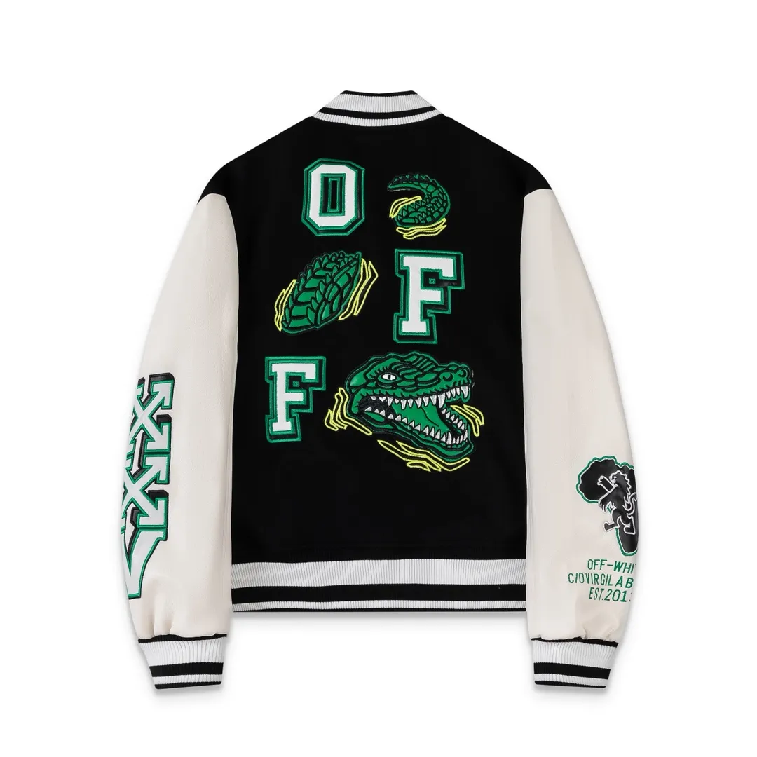 S62#P640, offwhite heavy-duty embroidered baseball jacket. The body is made of woolen fabric. Couple's jacket. Black size: S M L XL